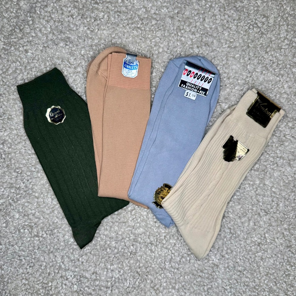 Vintage Deadstock Men's Dress Socks Lot 4 Pairs Green Beige Blue‎ Tan BanLon USA